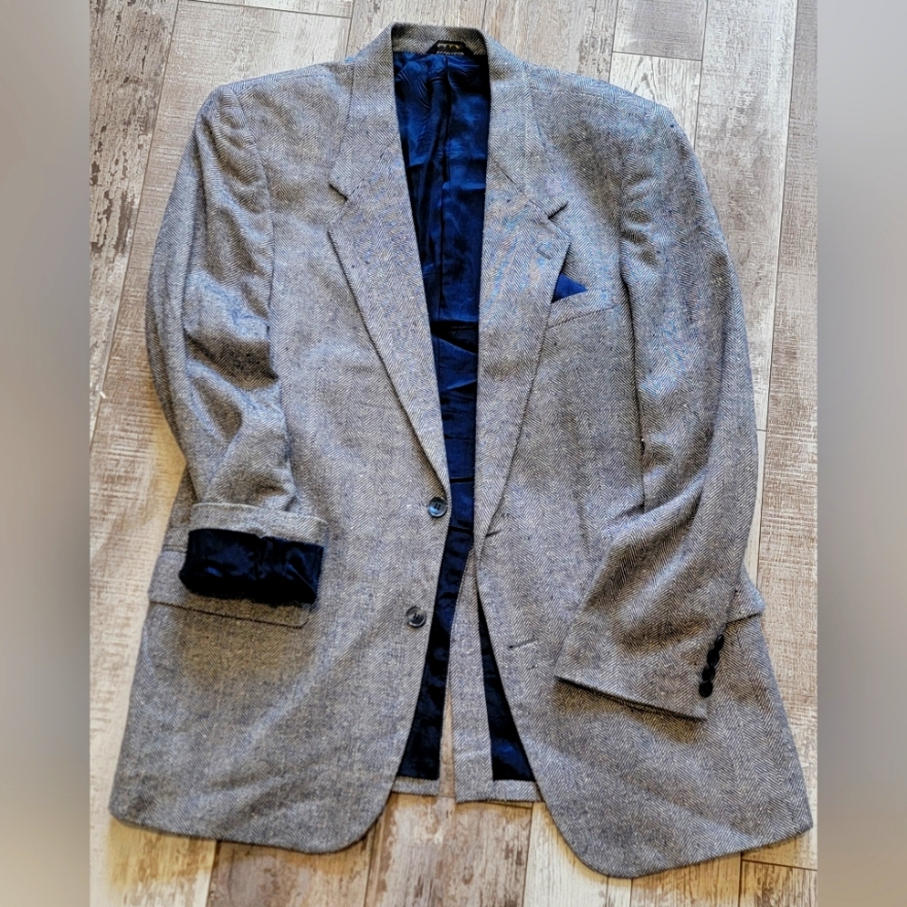 42R Men's Bret Lawrence NYC Blazer Grey/Blue 100% Silk Herringbone Sport Coat